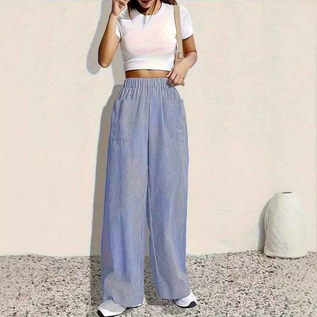 Striped Wide-Leg Pants with Elastic Waist & Pockets