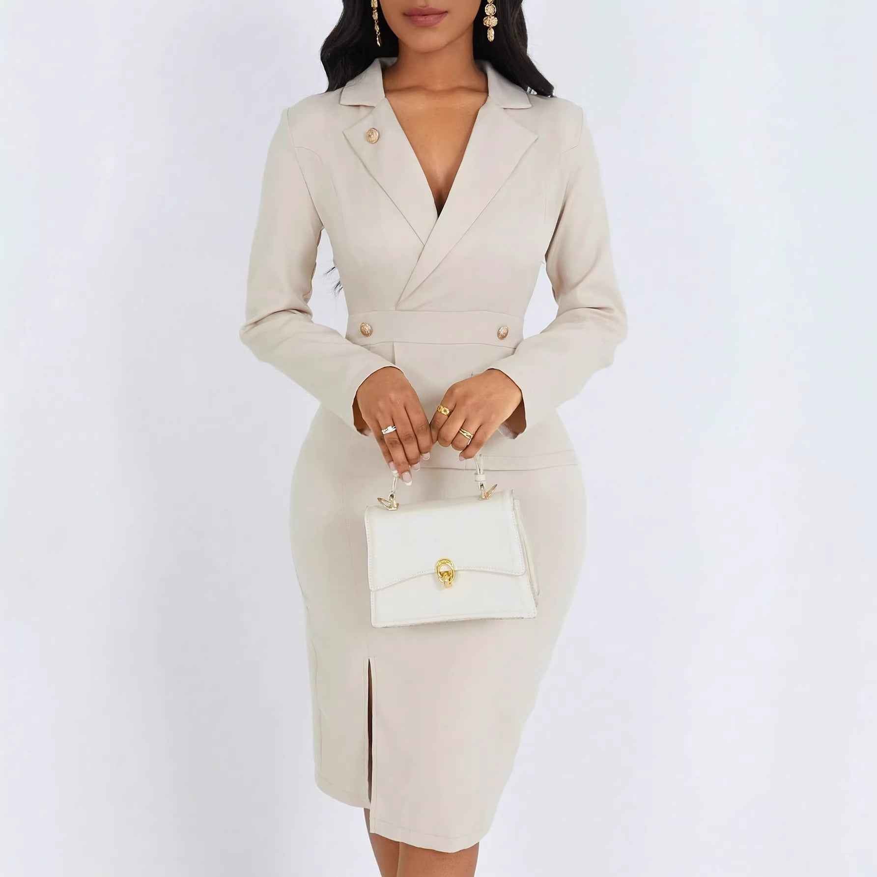 Patchwork Lapel-Neck Long-Sleeve Dress
