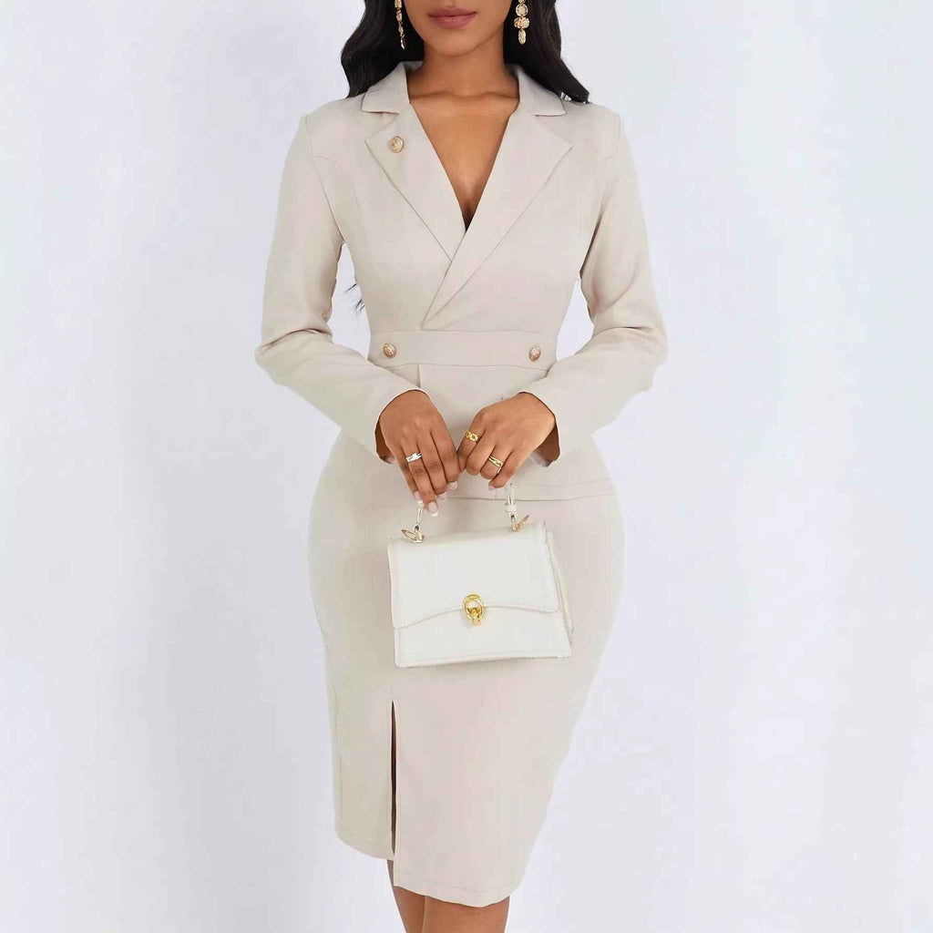 Patchwork Lapel-Neck Long-Sleeve Dress
