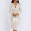 Patchwork Lapel-Neck Long-Sleeve Dress