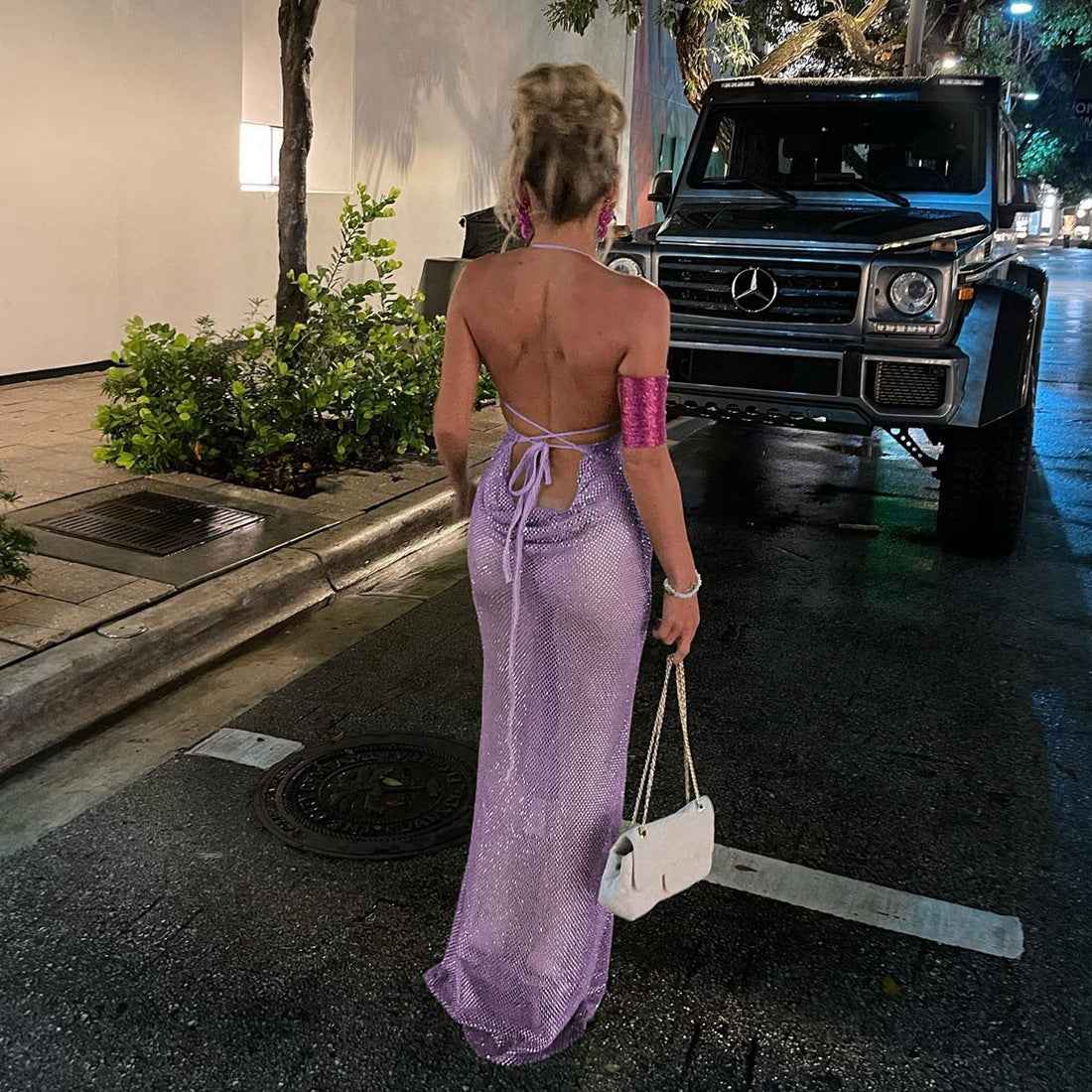 Women's Halter-Neck Backless Pleated Dress — Green & Purple