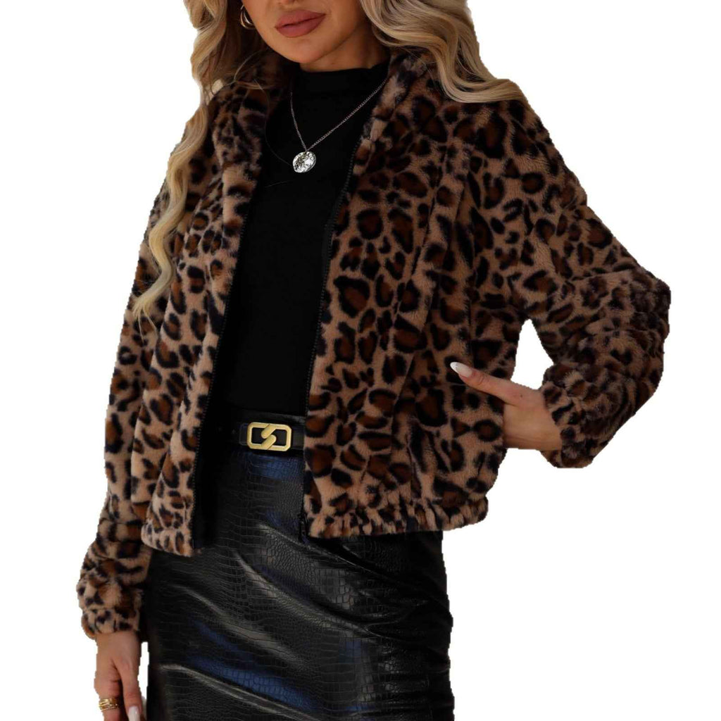 Women's Leopard Print Plush Zip-Up Jacket — Cropped Relaxed Fit