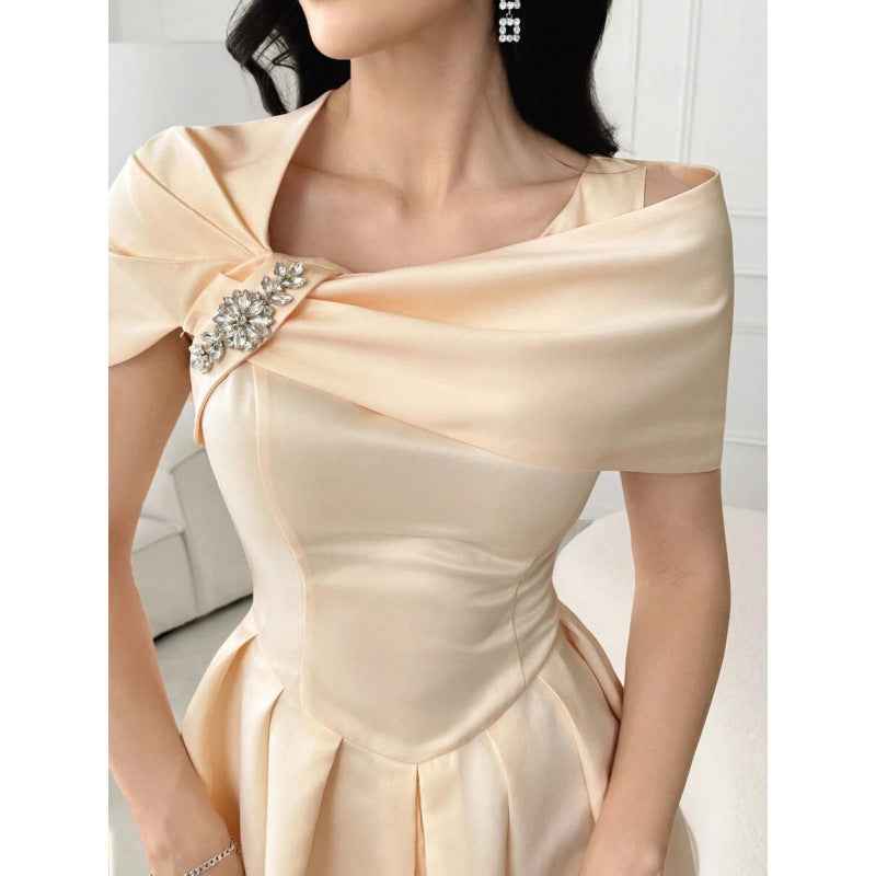 Asymmetric Diamond-Embellished Short-Sleeve Dress — Slim Fit, Elegant