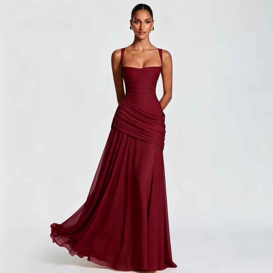 Square Neck Ruched Waist Sleeveless Maxi Evening Dress