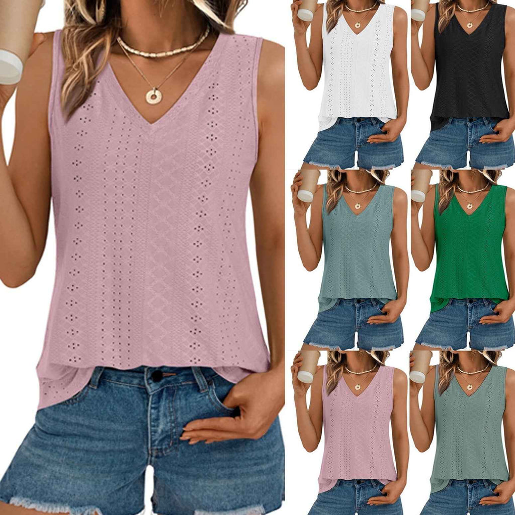 Women's Eyelet Jacquard Sleeveless Top – V-Neck Hollow-Out Vest