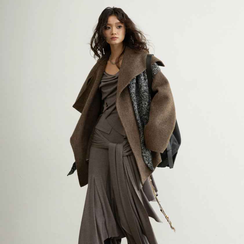Double-Faced Wool Coat with Belt – Dark Brown