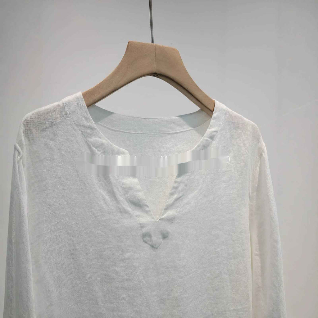 Womens Linen Plain-weave Top With Three-quarter Sleeves