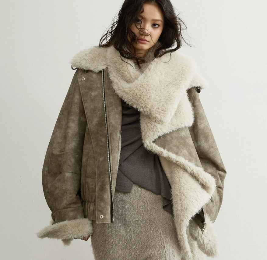 PU Leather Jacket – Detachable Fur Collar, Sand