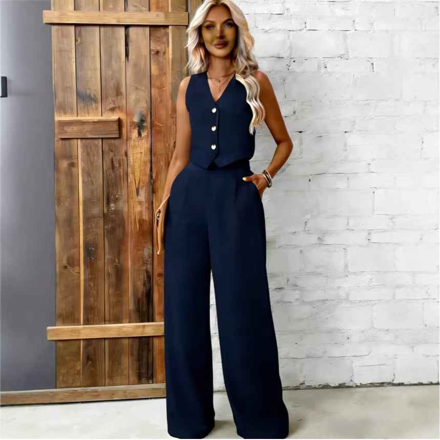 Sleeveless Vest & Trousers Set — Patchwork Detail, Casual Two-Piece