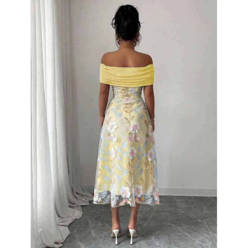 Floral Mesh-Panel High-Waist Pleated Maxi Dress