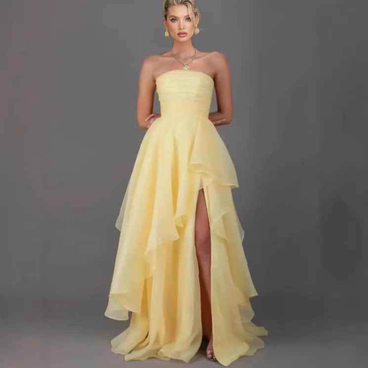 Women's Open-Back Asymmetric Hem Maxi Dress — Light Yellow, S–XL