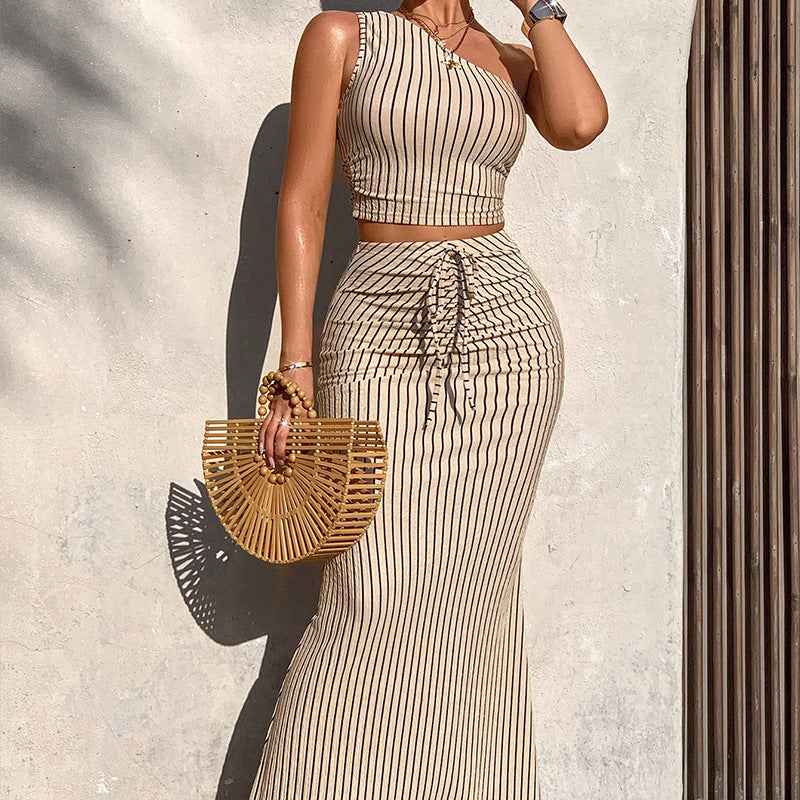 Striped Asymmetric Hem Vest & Slim Skirt Set — 3 Colours, XS–XL