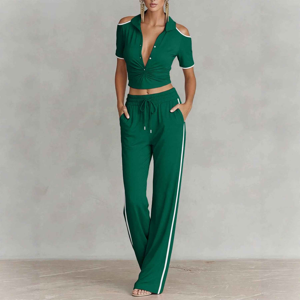 Chic And Stylish V-neck Color-block Casual Sporty Pants Set