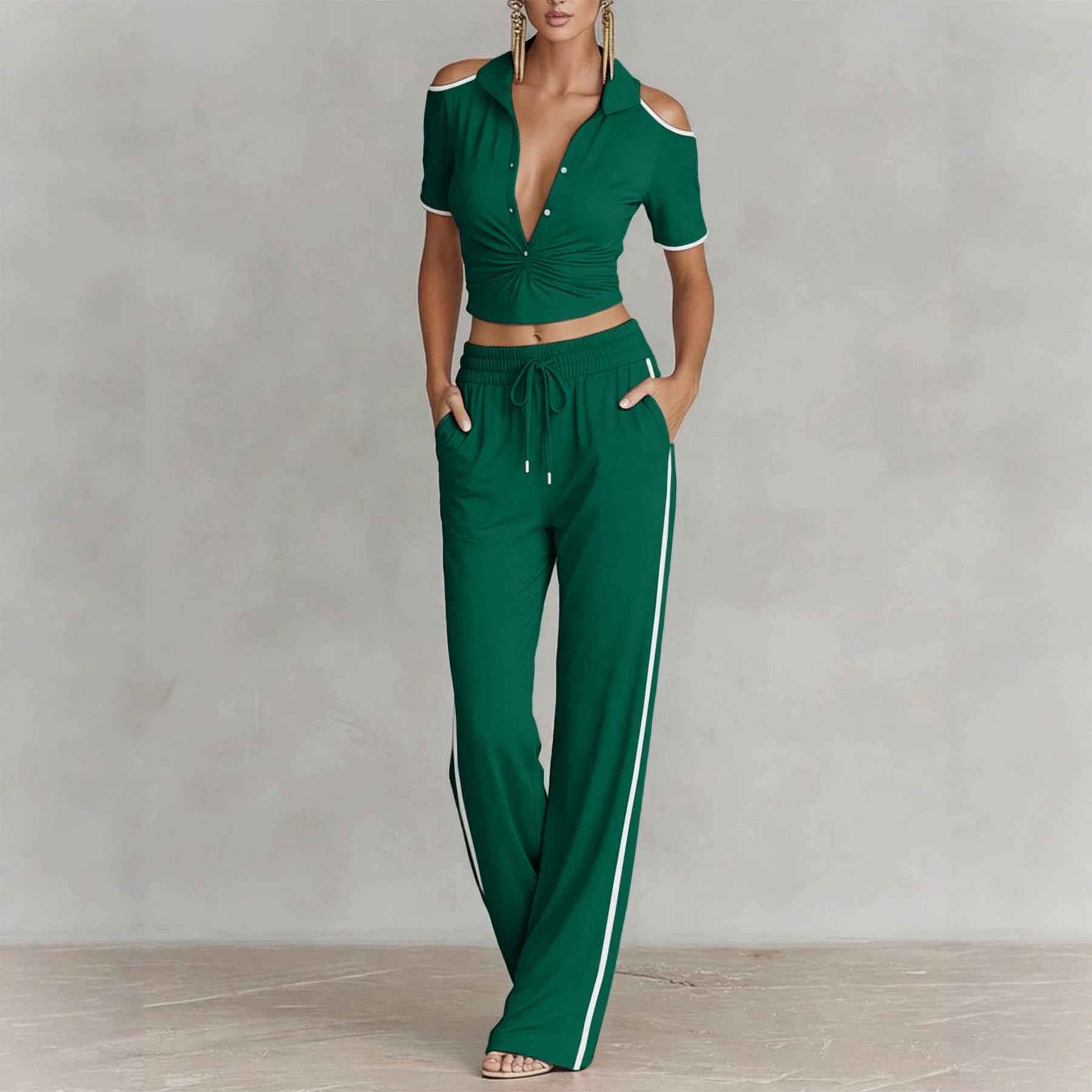 Chic And Stylish V-neck Color-block Casual Sporty Pants Set