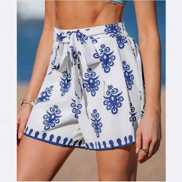 Womens Casual Versatile Printed Slim-fit Wide-leg Shorts