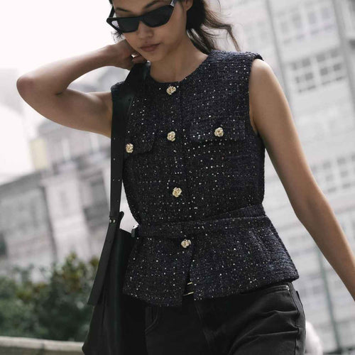 Womens Beaded-texture Vest With A Waist Belt