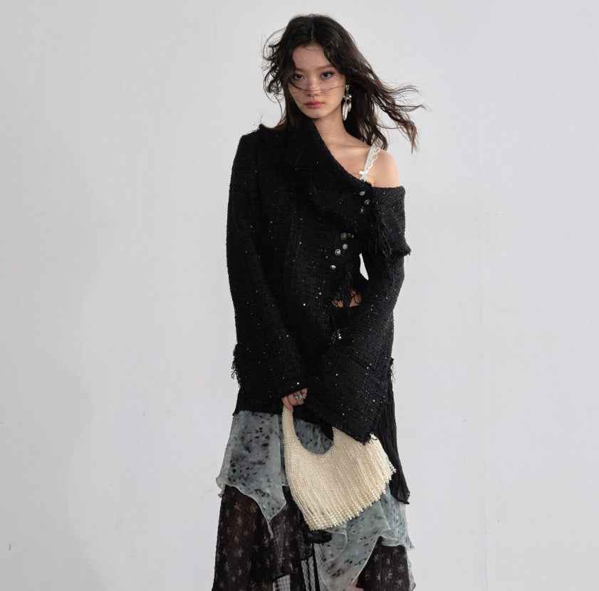 Slanted Front Jacket – Metal Button Detail, Long Sleeve, Black