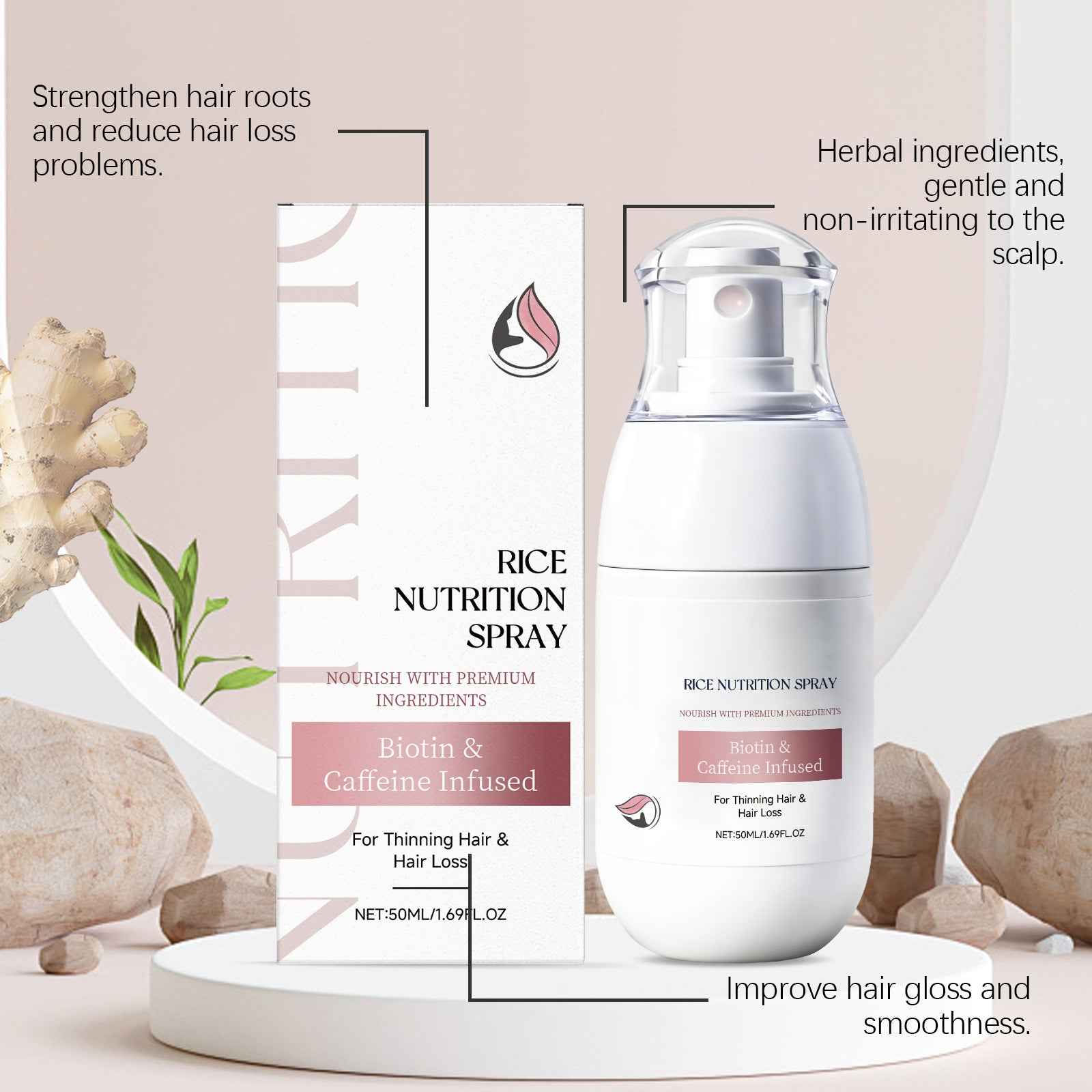 Rice Water Hair Growth Spray with Biotin & Caffeine – 50ml
