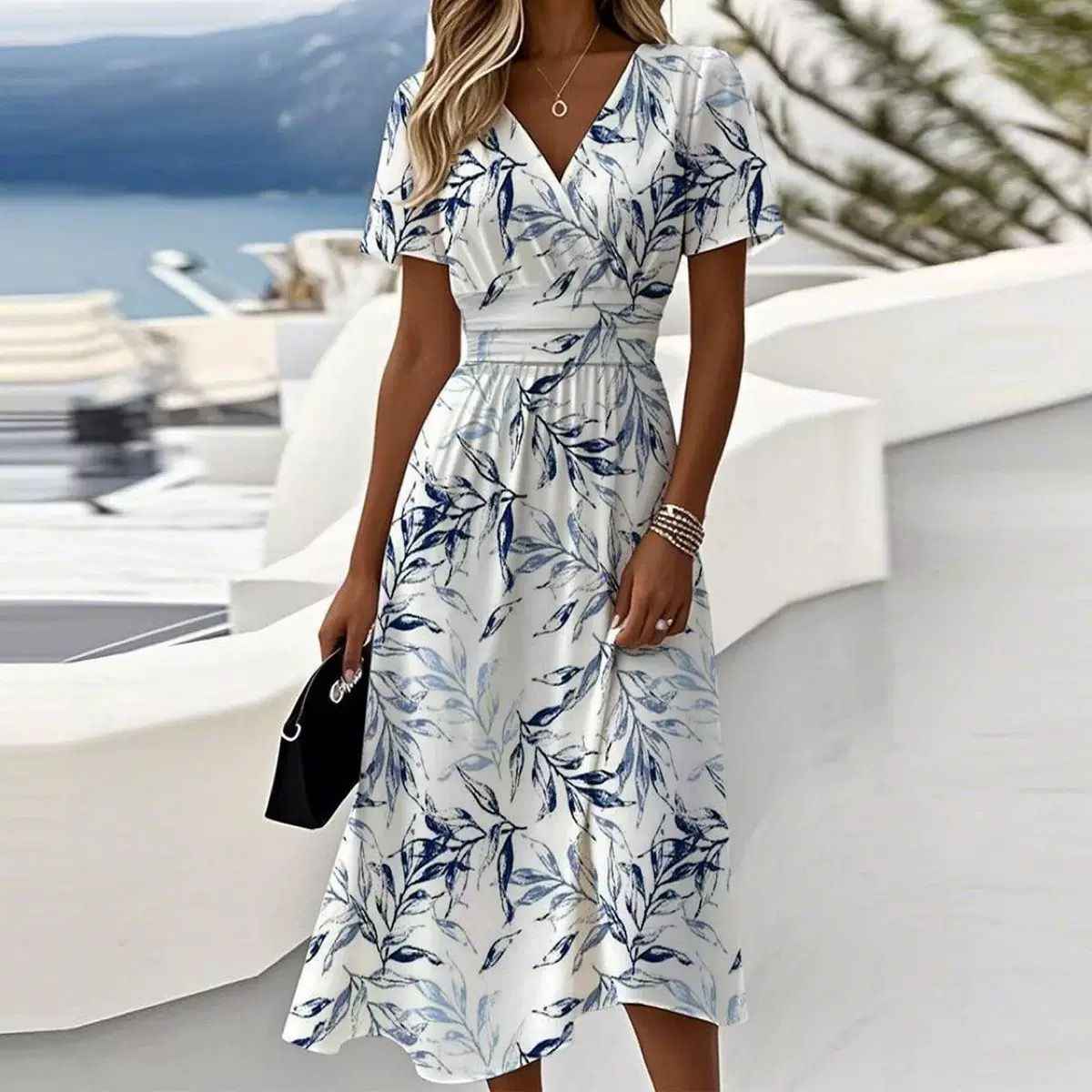 New Floral 3D Digital-print V-neck Short-sleeve Dress