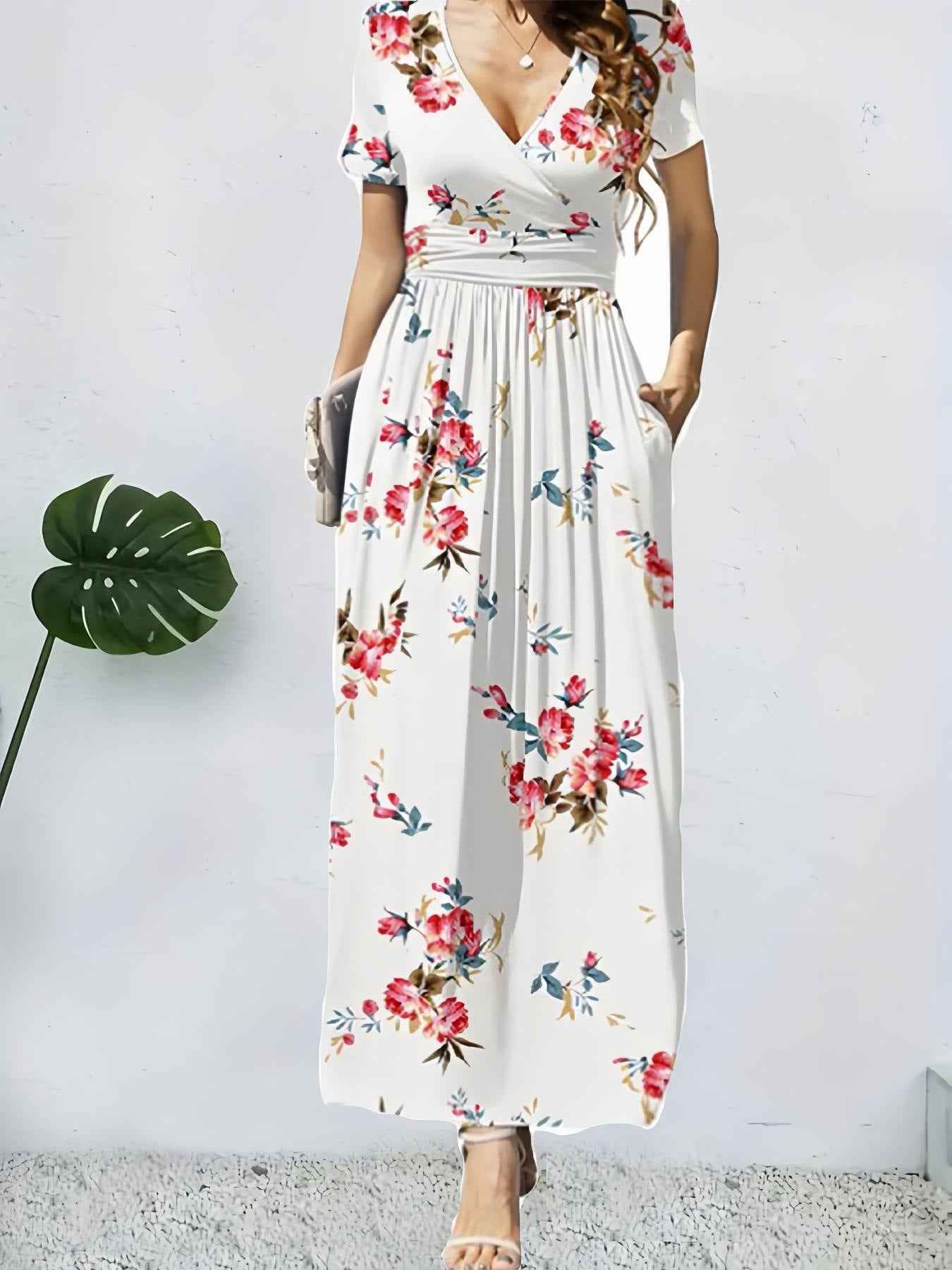 Printed V-neck Short Sleeve Dress
