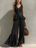 Linen Sleeveless V-Neck Button-Down Flounce Top & Wide-Leg Pants Two-Piece Set