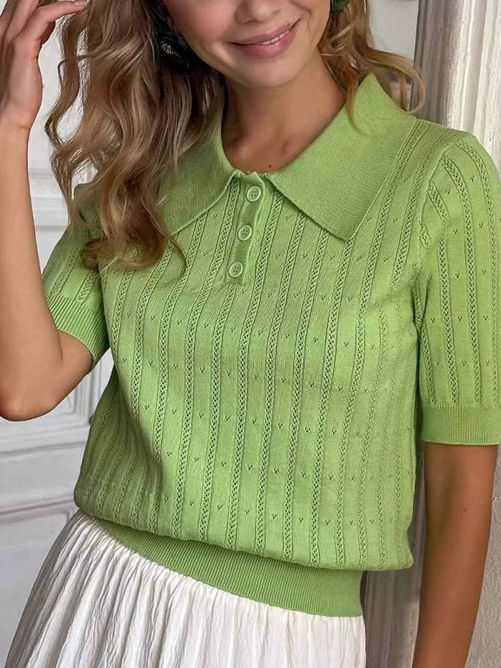 Womens Casual Polo Knit Short-sleeve Top
