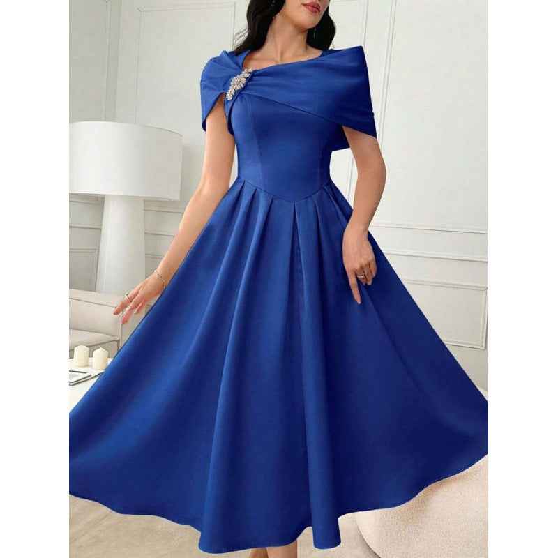 Asymmetric Diamond-Embellished Short-Sleeve Dress — Slim Fit, Elegant