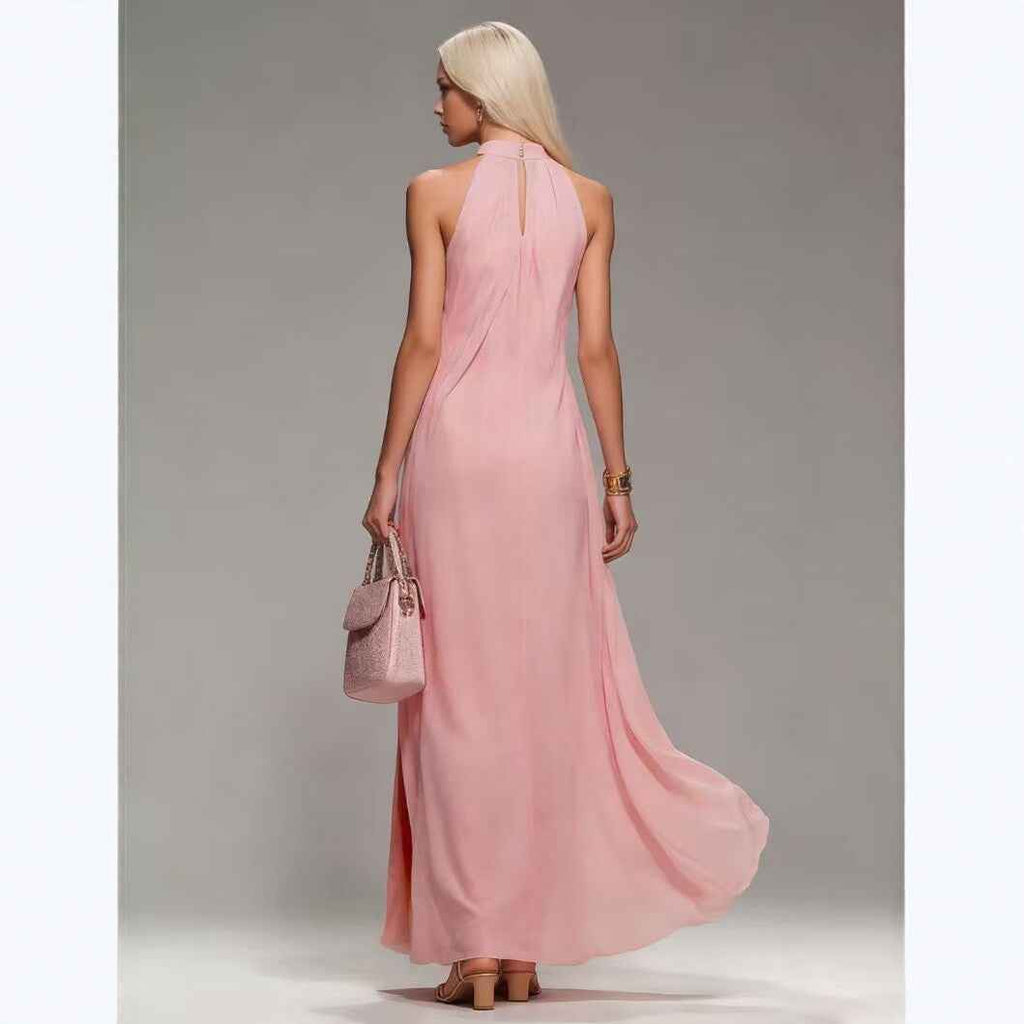 Halter Neck Backless Maxi Dress with Slit & Ribbon Tie