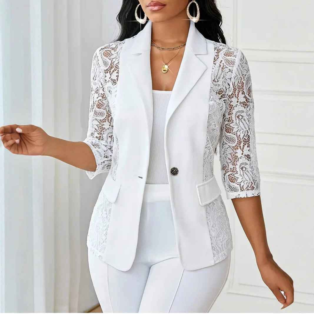 Women's Chiffon Blazer Top – Three-Quarter Sleeve Button Detail