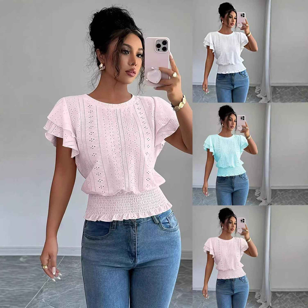 Womens Solid-Color Casual Round-Neck Top