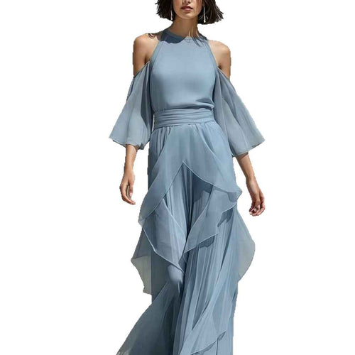 Womens Chiffon Blouse And Flare-sleeve Straight-leg Pants Set