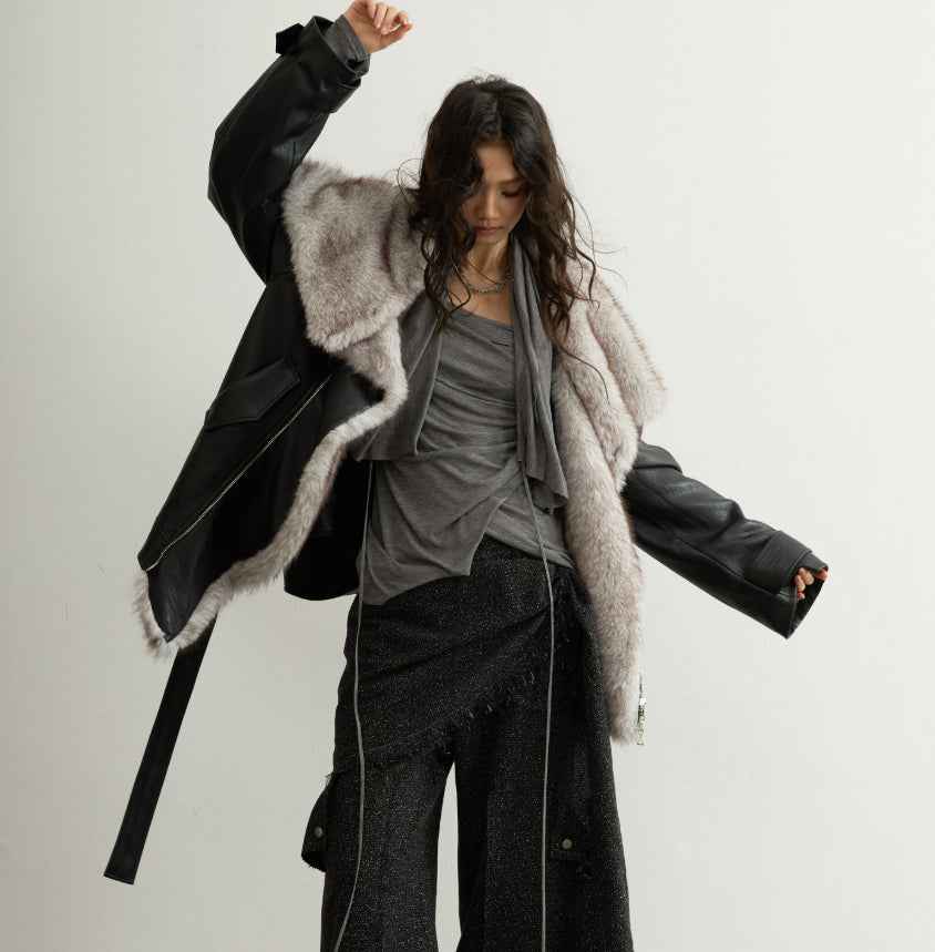 Women's Faux Leather Jacket with Detachable Fur Collar