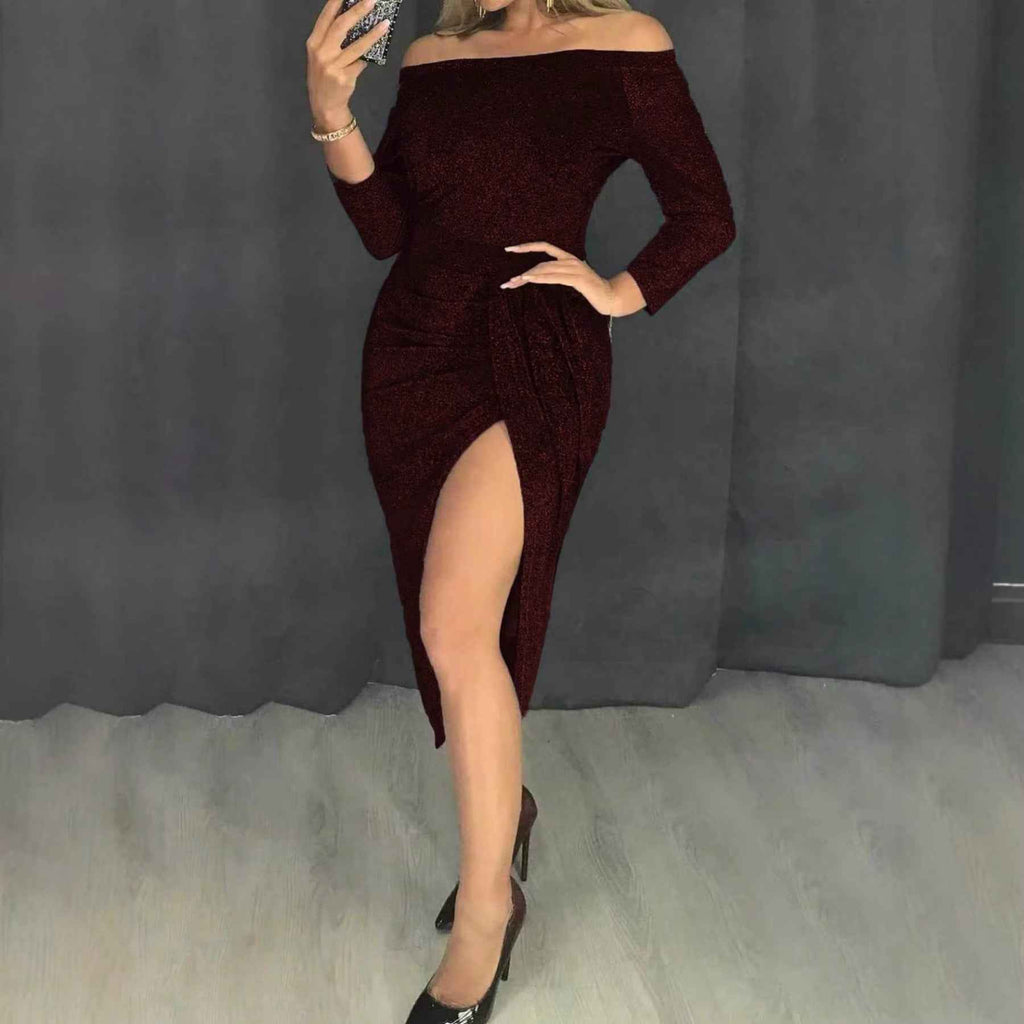 Womens Sequined Boat-neckline Slit Evening Gown
