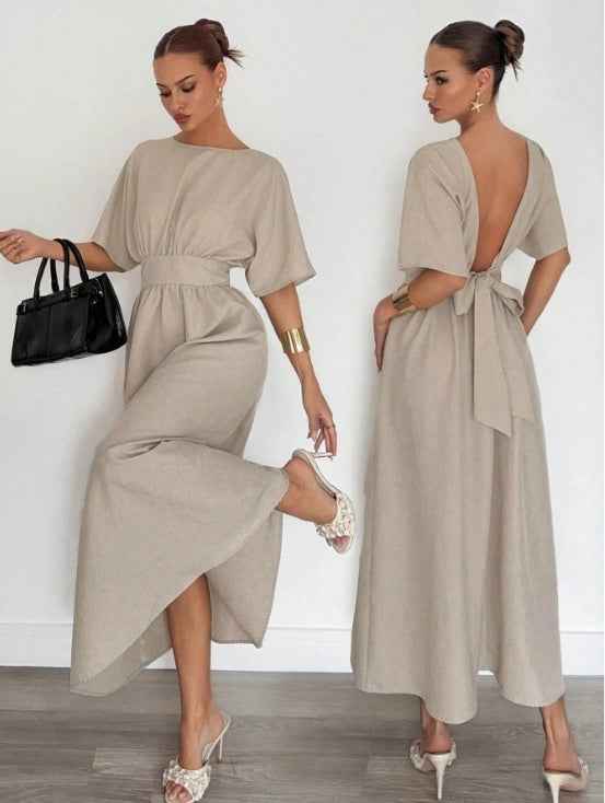 Solid Color Long Dress with V-back, Tie Waist & Flared Hem
