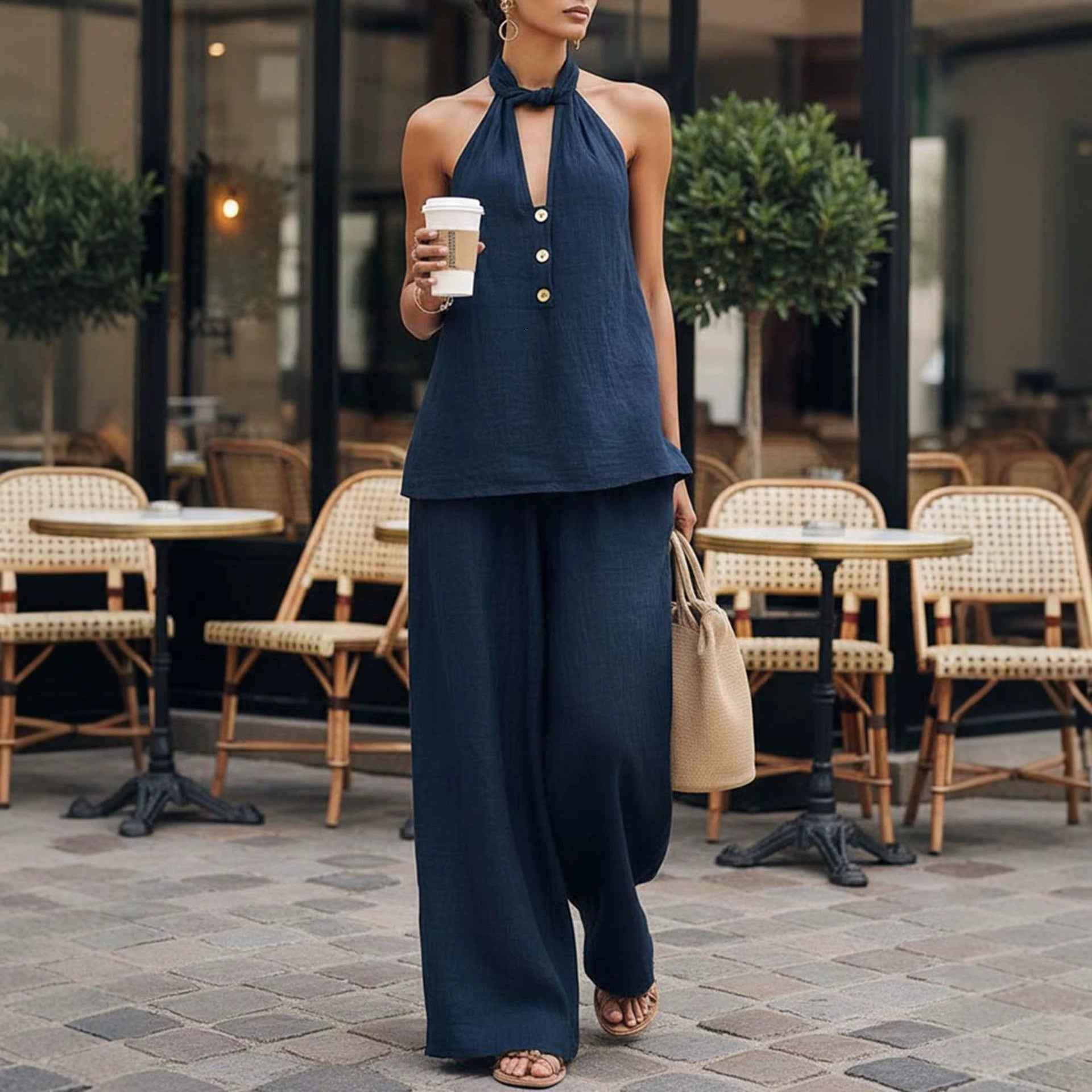 V-neck Halter Top And Wide-leg Trousers Two-piece Set