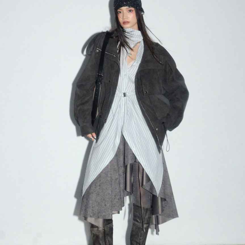 PU Leather Utility Jacket – Drawstring, Pockets & Lambswool Lining