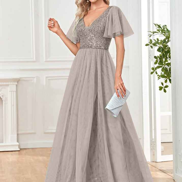 Womens Sexy V-neck Short-sleeve Long Dress