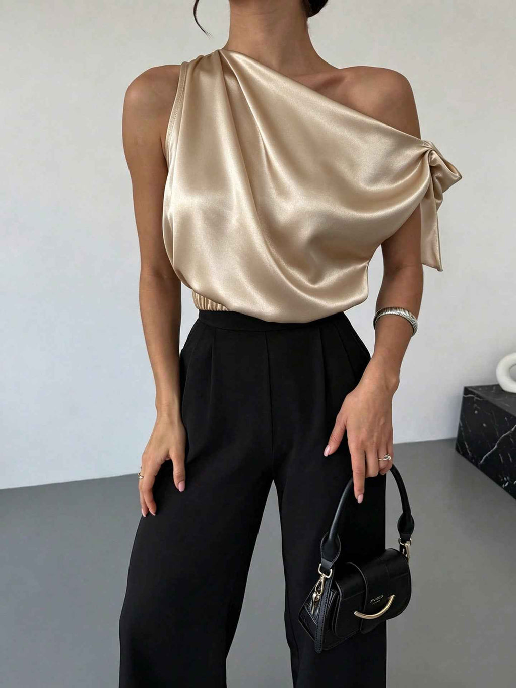 Women's Satin Off-Shoulder Asymmetric Bow Blouse — 4 Colours