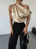 Women's Satin Off-Shoulder Asymmetric Bow Blouse — 4 Colours