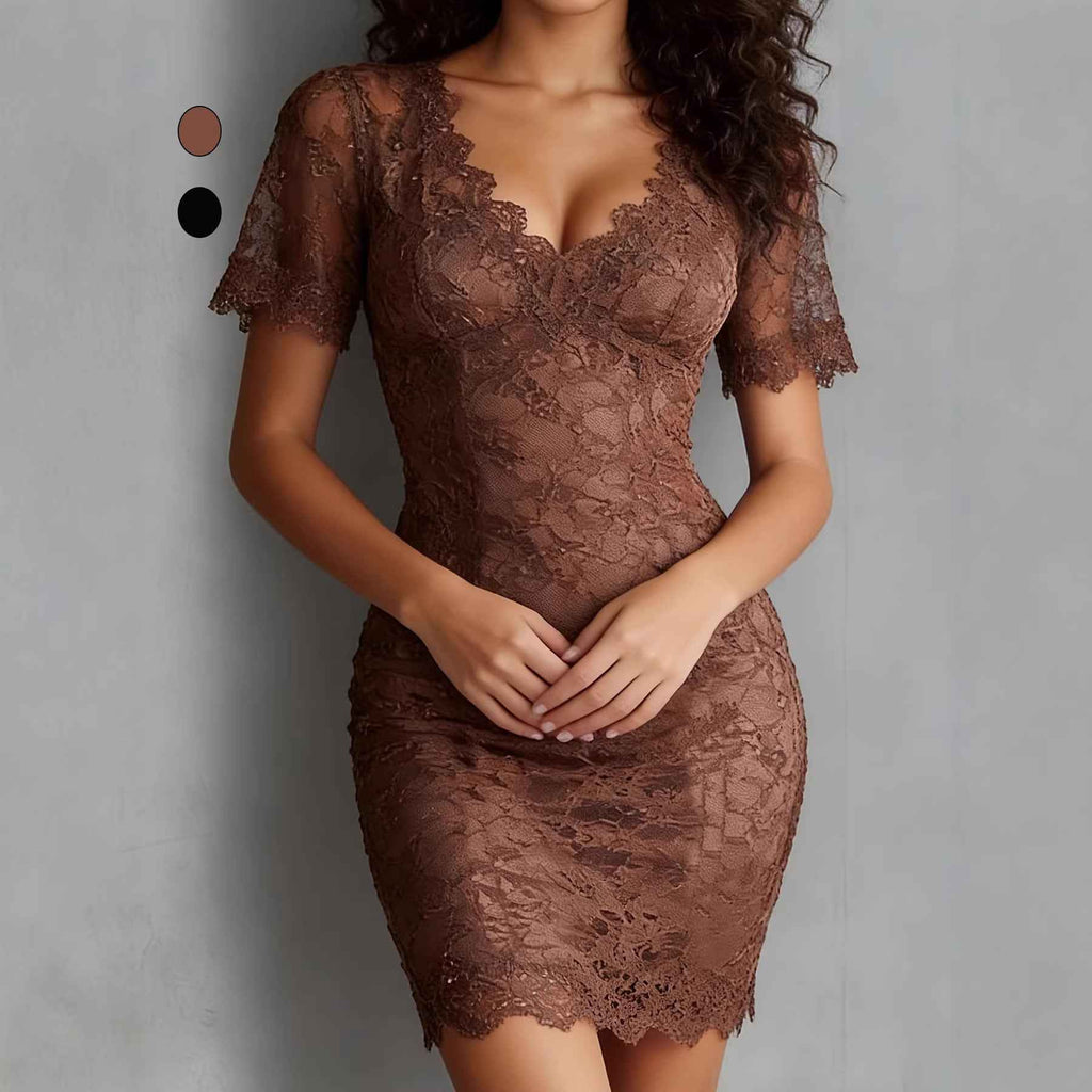 V-Neck Lace Slim-Fit Dress — Elegant One-Piece Mid-Rise