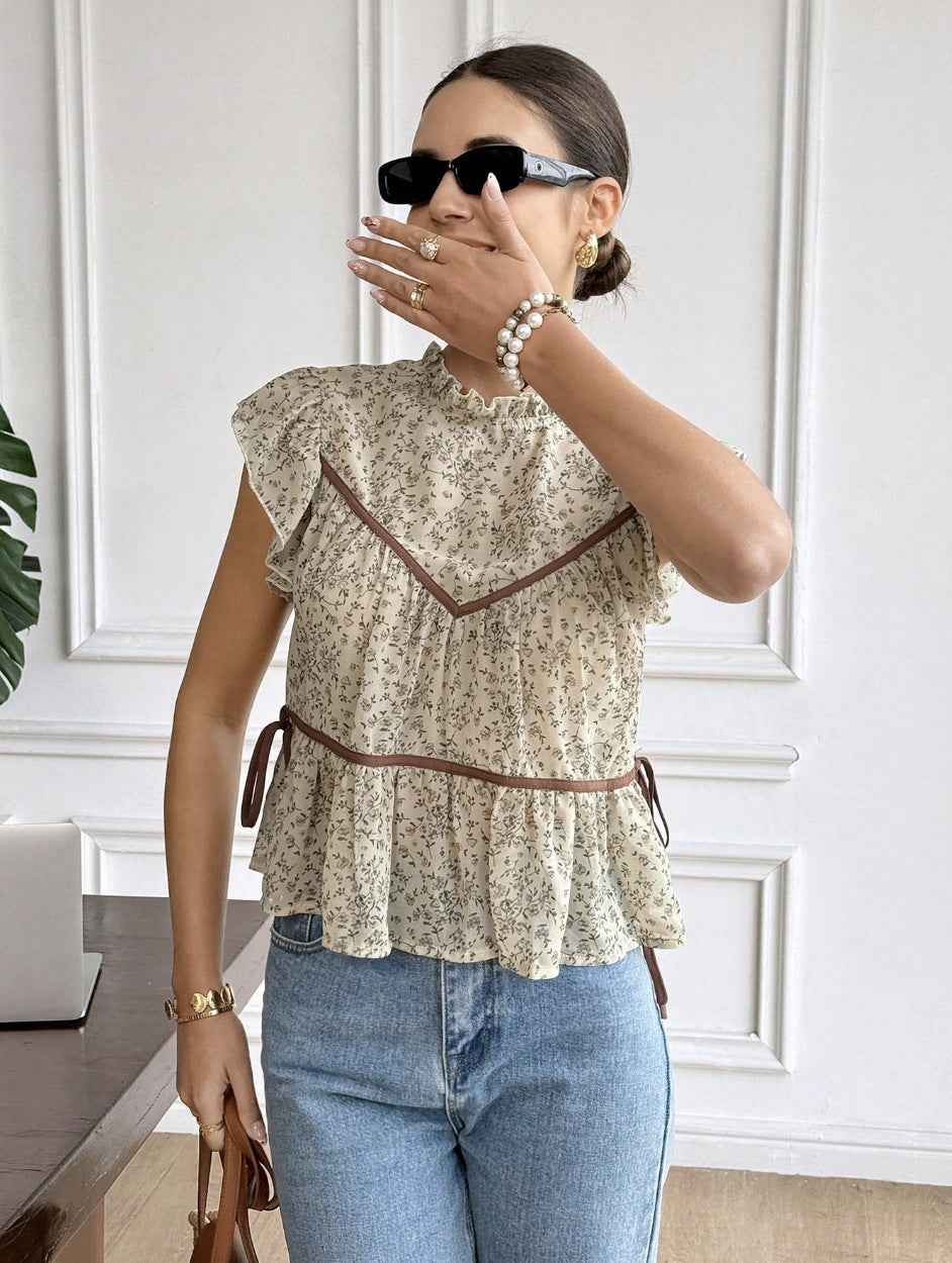 Floral Print V-Neck Ruffle Sleeve Chiffon Blouse — Apricot