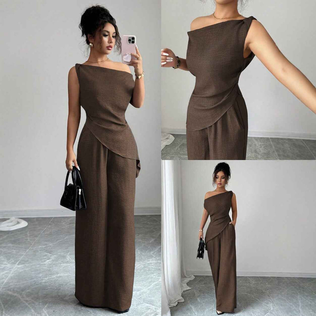 Off-Shoulder Sleeveless Top & Wide-Leg Pants Two-Piece Set