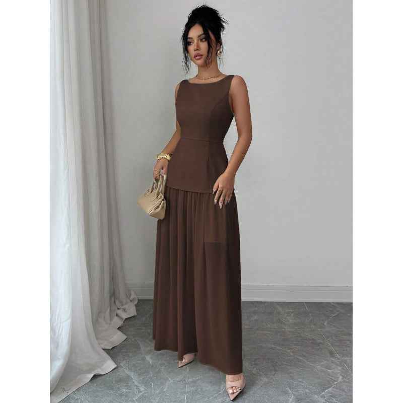 Colour-Block Sleeveless A-Line Midi Dress – High Waist Boat Neck