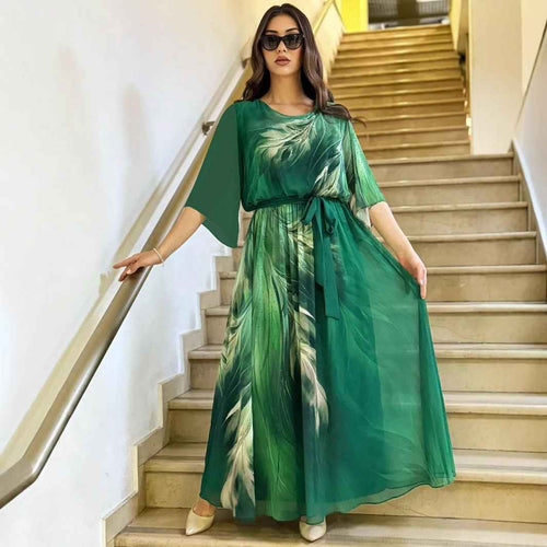 3D Floral Print A-Line Midi Dress with 3/4 Sleeves