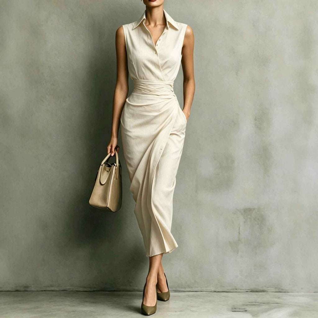 Asymmetrical Sleeveless Linen-Blend Midi Dress — High-Waist