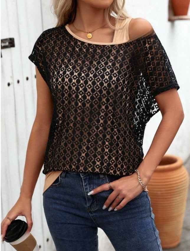 Jacquard Knit Faux Two-Piece Top – Mesh Detail