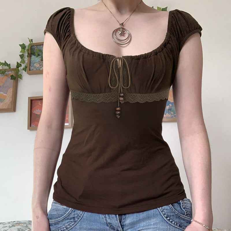 Retro Girly Beaded Drawstring Lace-panel Short Top