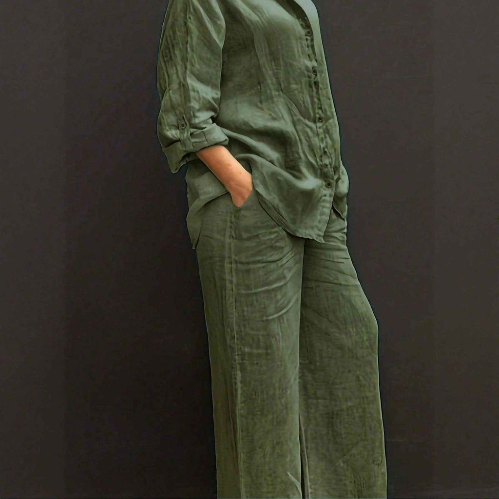 Reversible Long-sleeve Shirt Elastic-waist Trousers Solid-color Set