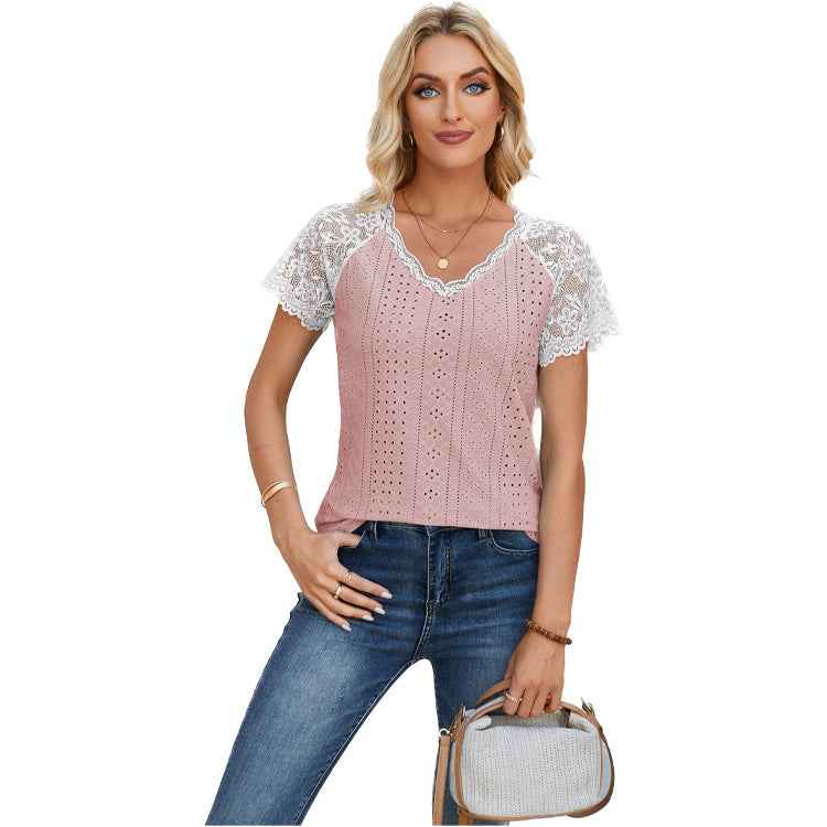 Eyelet Lace-Trim V-Neck Top