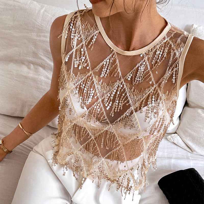 Women's Off-Shoulder Sequin Tassel Tank Top – Party & Stage, Black & Champagne